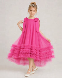 Hot Pink Girls Formal Dresses Bow Shoulder Tiered Ruffle Tulle Asymmetrical Dress Front View