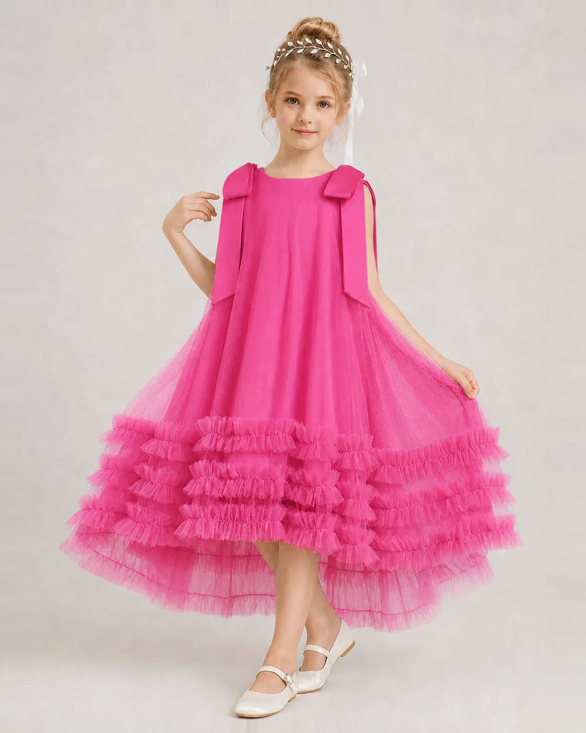 Hot Pink Tulle A-line Girls Formal Dress Front View
