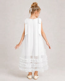 Ivory Girls Formal Dresses Bow Shoulder Tiered Ruffle Tulle Asymmetrical Dress Back View