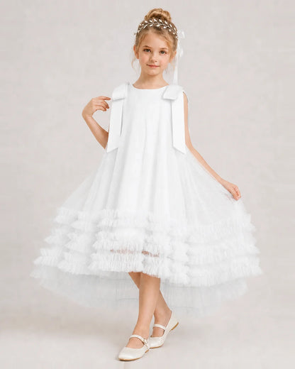 Ivory Girls Formal Dresses Bow Shoulder Tiered Ruffle Tulle Asymmetrical Dress Front View