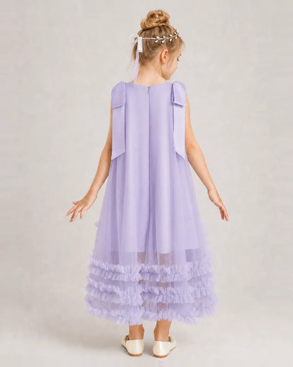 Lavender Girls Formal Dresses Bow Shoulder Tiered Ruffle Tulle Asymmetrical Dress Back View