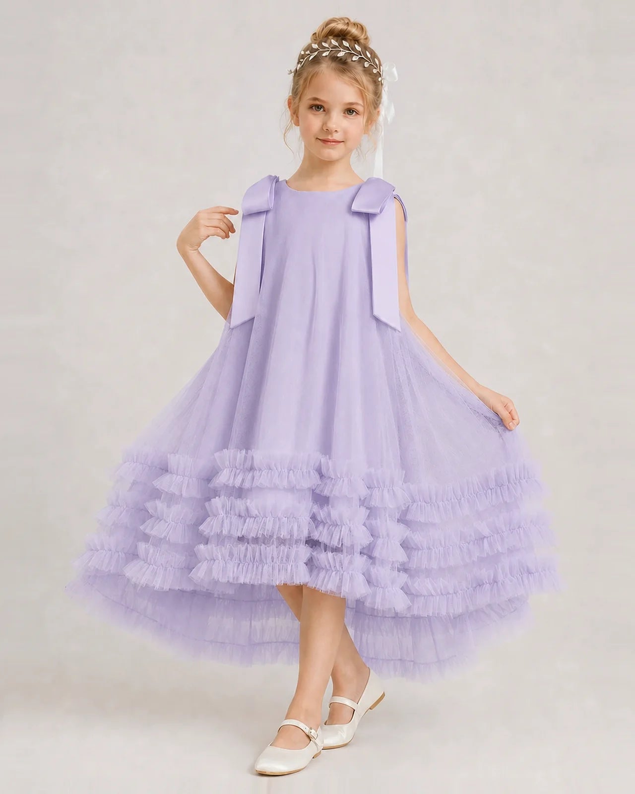 Lavender Girls Formal Dresses Bow Shoulder Tiered Ruffle Tulle Asymmetrical Dress Front View