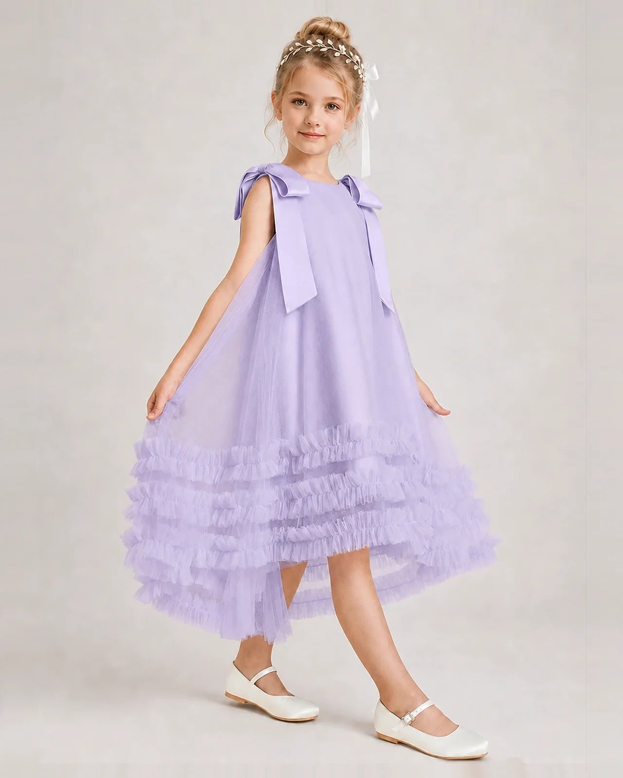 Lavender Girls Formal Dresses Bow Shoulder Tiered Ruffle Tulle Asymmetrical Dress Side View