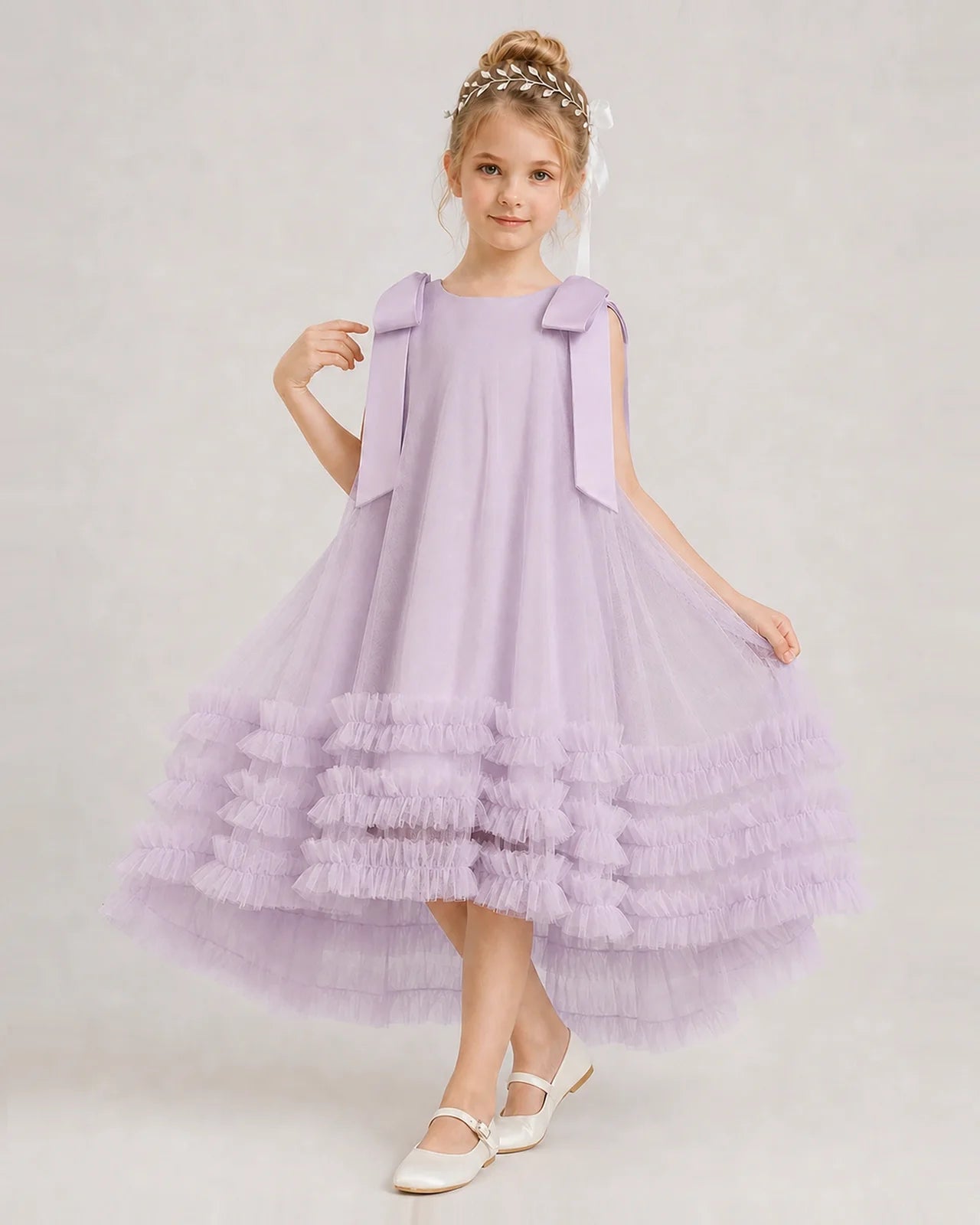 Lilac Girls Formal Dresses Bow Shoulder Tiered Ruffle Tulle Asymmetrical Dress Front View