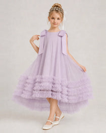 Lilac Girls Formal Dresses Bow Shoulder Tiered Ruffle Tulle Asymmetrical Dress Front View