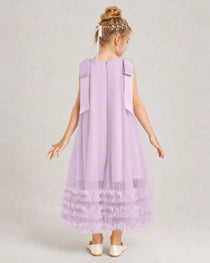 Lilac Girls Formal Dresses Bow Shoulder Tiered Ruffle Tulle Asymmetrical Dress Back View