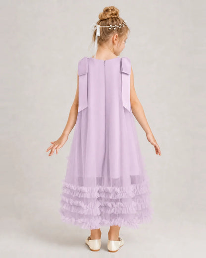 Lilac Girls Formal Dresses Bow Shoulder Tiered Ruffle Tulle Asymmetrical Dress Back View