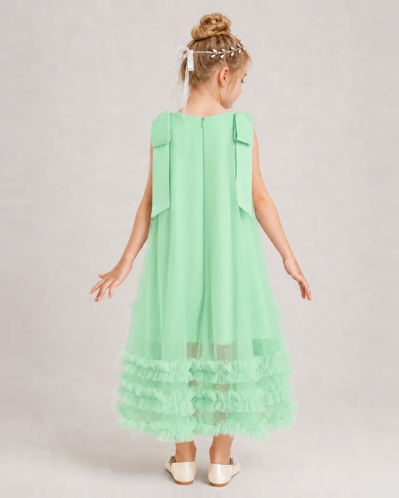 Mint Green Girls Formal Dresses Bow Shoulder Tiered Ruffle Tulle Asymmetrical Dress Back View