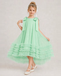 Mint Green Girls Formal Dresses Bow Shoulder Tiered Ruffle Tulle Asymmetrical Dress Front View