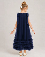 Navy Blue Tulle A-line Girls Formal Dress Back View