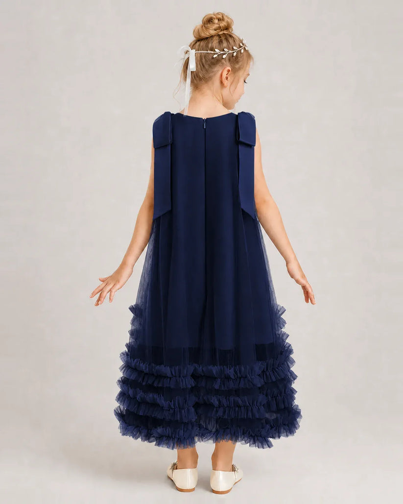 Navy Blue Tulle A-line Girls Formal Dress Back View