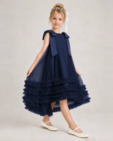 Navy Blue Tulle A-line Girls Formal Dress Front View