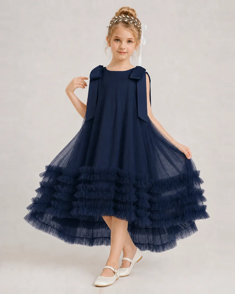 Navy Blue Tulle A-line Girls Formal Dress Front View