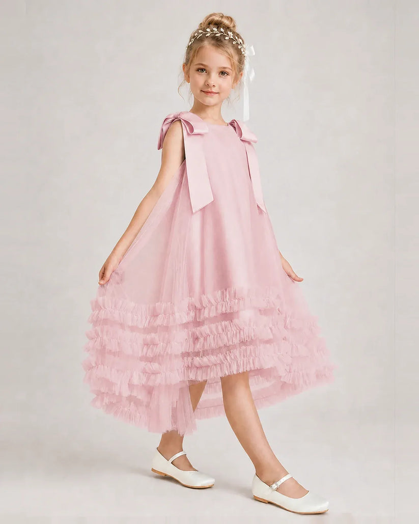Pink Tulle A-line Girls Formal Dress Front View