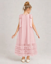 Pink Girls Formal Dresses Bow Shoulder Tiered Ruffle Tulle Asymmetrical Dress Back View
