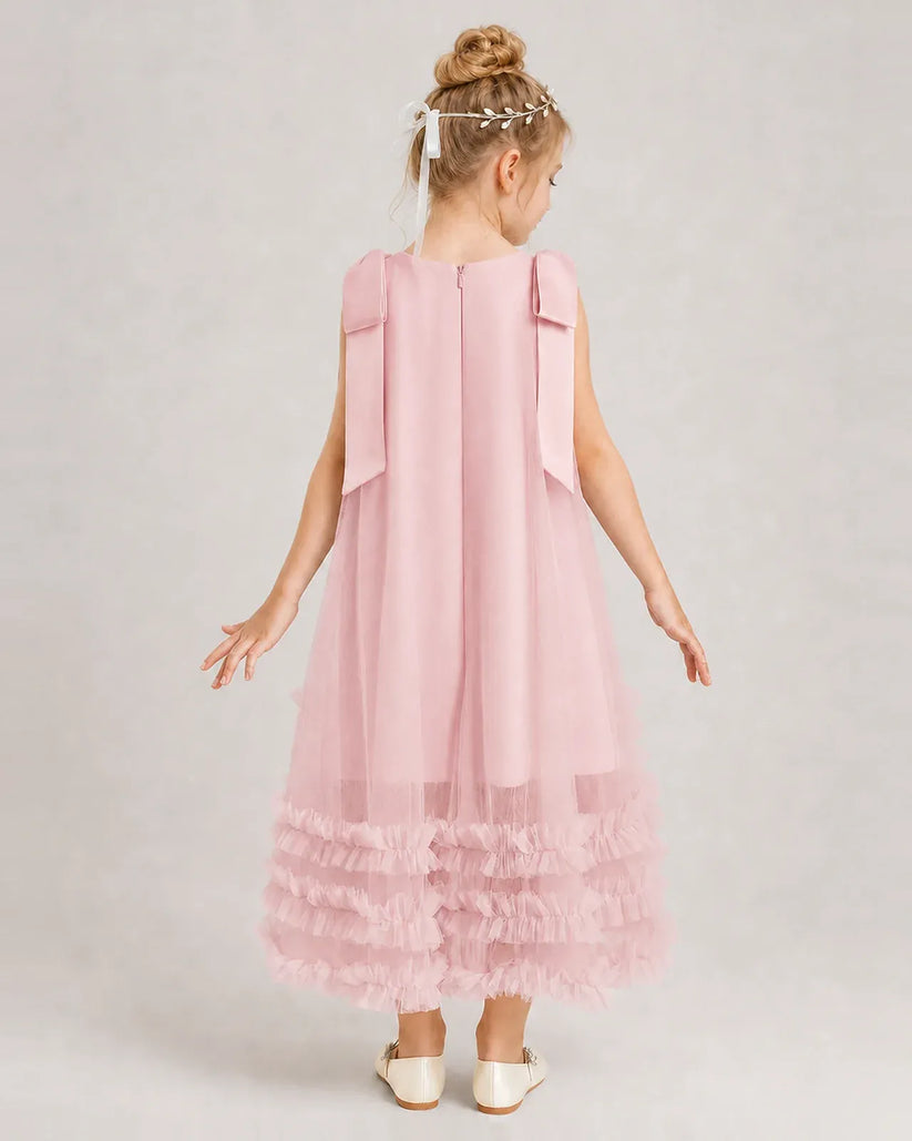 Pink Tulle A-line Girls Formal Dress Back View