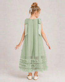 Sage Green Girls Formal Dresses Bow Shoulder Tiered Ruffle Tulle Asymmetrical Dress Back View