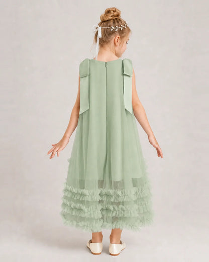 Sage Green Girls Formal Dresses Bow Shoulder Tiered Ruffle Tulle Asymmetrical Dress Back View