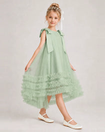 Sage Green Girls Formal Dresses Bow Shoulder Tiered Ruffle Tulle Asymmetrical Dress Side View