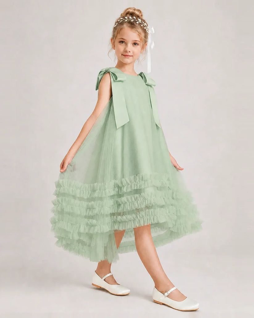 Sage Green Tulle A-line Girls Formal Dress Side View