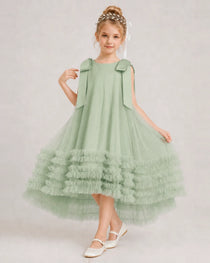 Sage Green Girls Formal Dresses Bow Shoulder Tiered Ruffle Tulle Asymmetrical Dress Front View