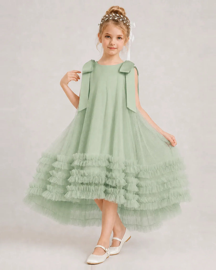 Sage Green Tulle A-line Girls Formal Dress Front View