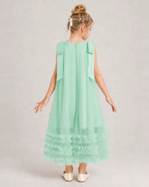 Turquoise Girls Formal Dresses Bow Shoulder Tiered Ruffle Tulle Asymmetrical Dress Back View