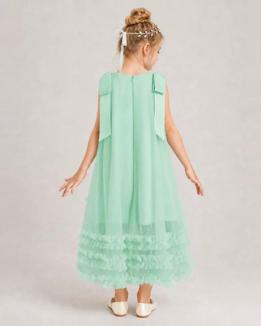 Turquoise Tulle A-line Girls Formal Dress Back View