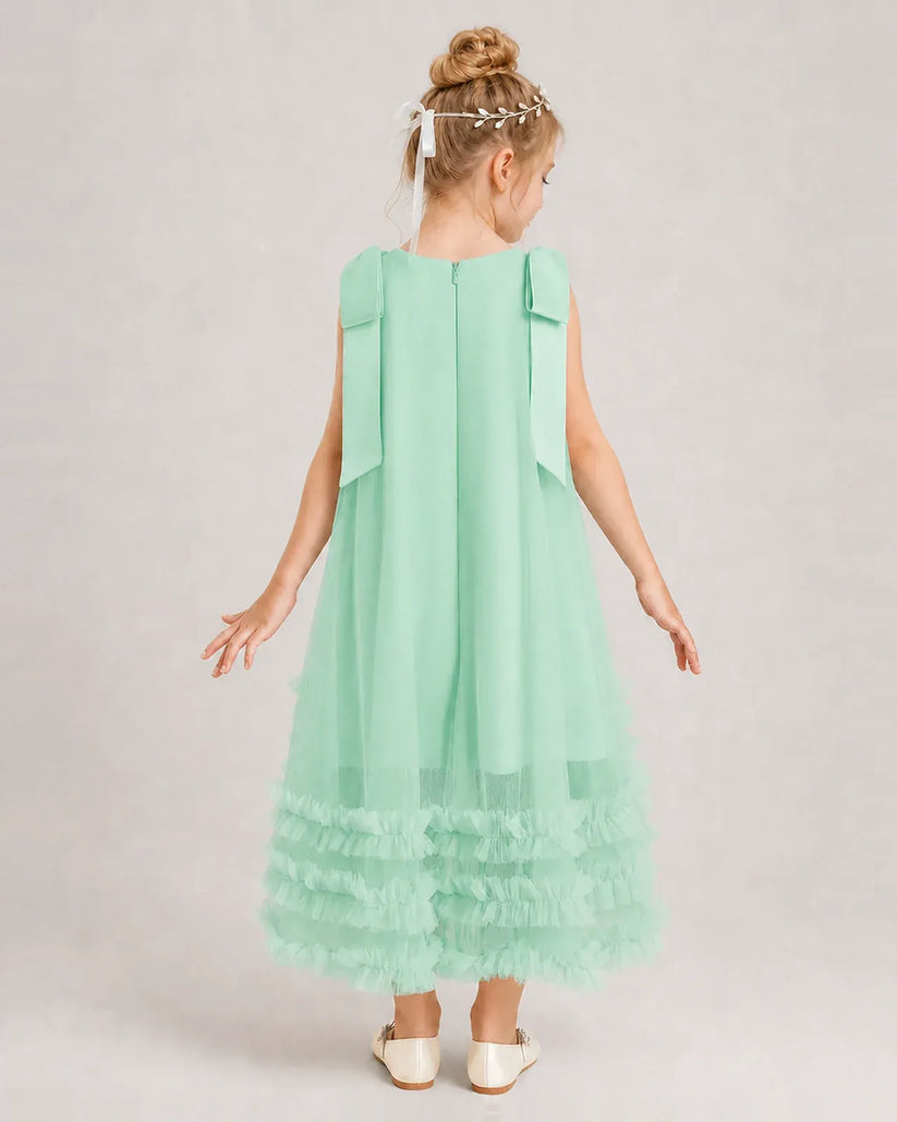 Turquoise Tulle A-line Girls Formal Dress Back View
