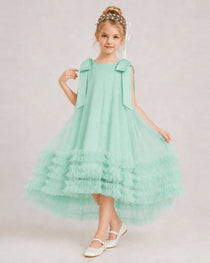 Turquoise Girls Formal Dresses Bow Shoulder Tiered Ruffle Tulle Asymmetrical Dress Front View