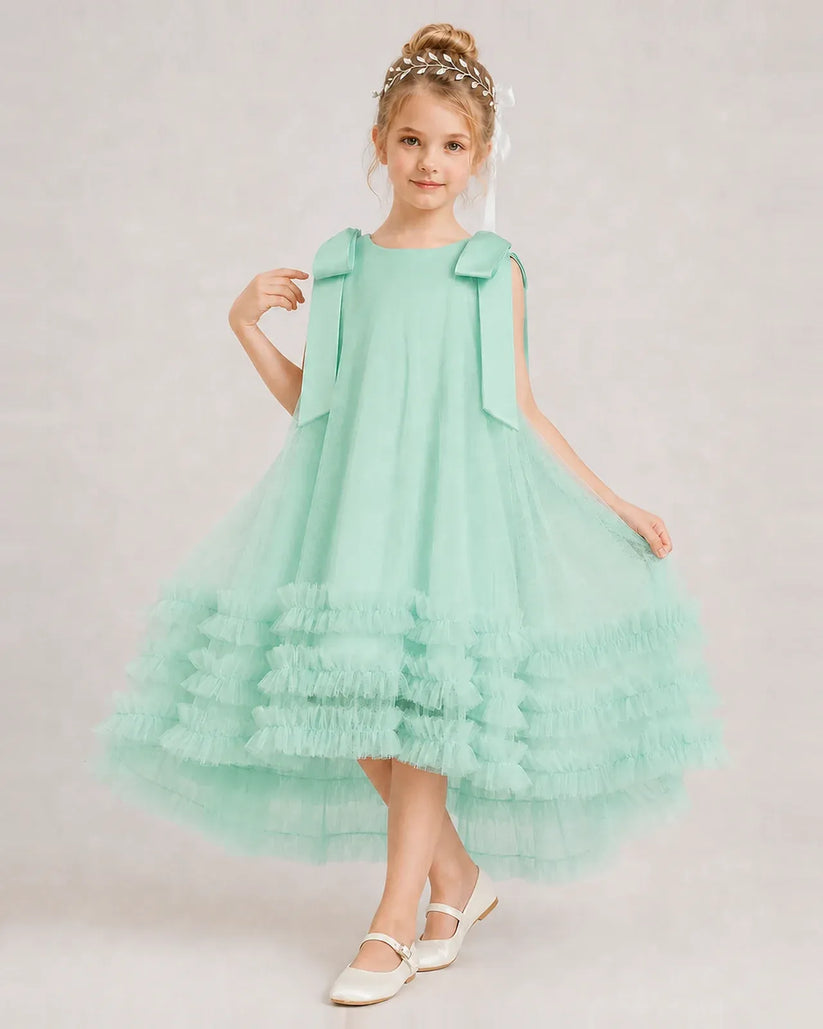 Turquoise Tulle A-line Girls Formal Dress Front View