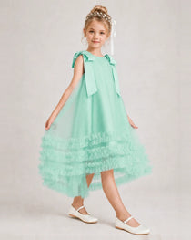 Turquoise Girls Formal Dresses Bow Shoulder Tiered Ruffle Tulle Asymmetrical Dress Side View