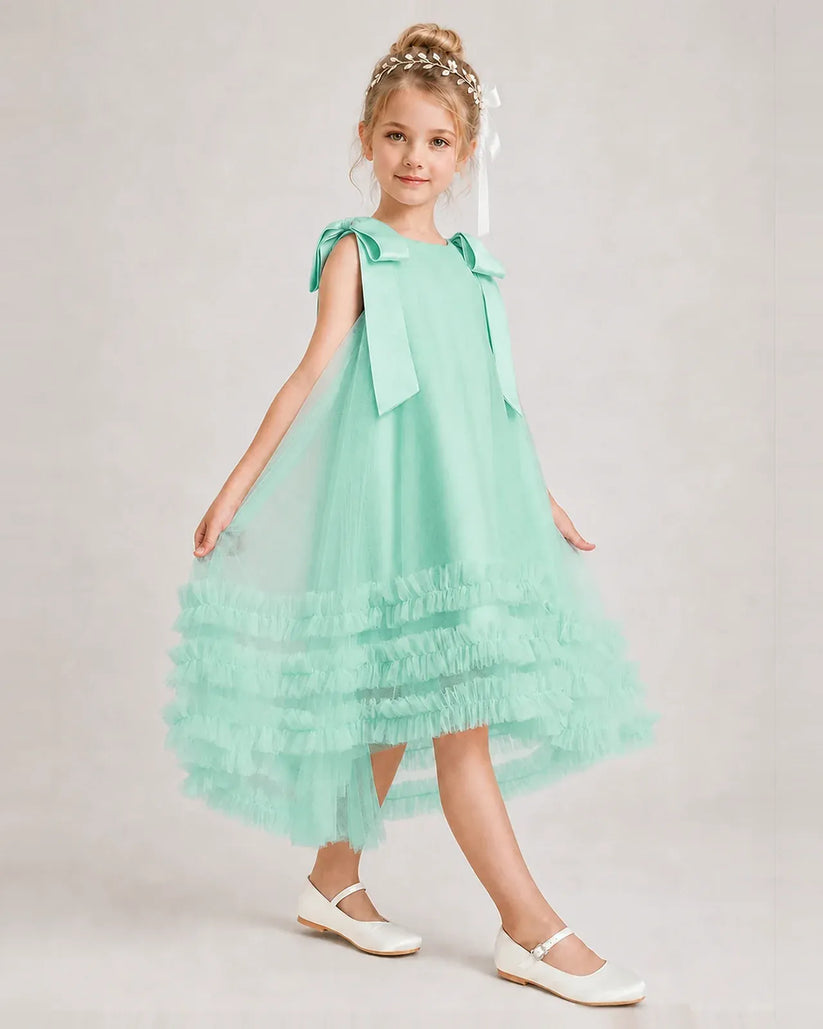 Turquoise Tulle A-line Girls Formal Dress Front View