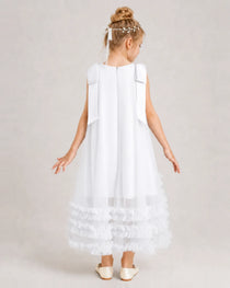 White Girls Formal Dresses Bow Shoulder Tiered Ruffle Tulle Asymmetrical Dress Back View