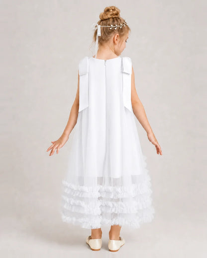 White Girls Formal Dresses Bow Shoulder Tiered Ruffle Tulle Asymmetrical Dress Back View
