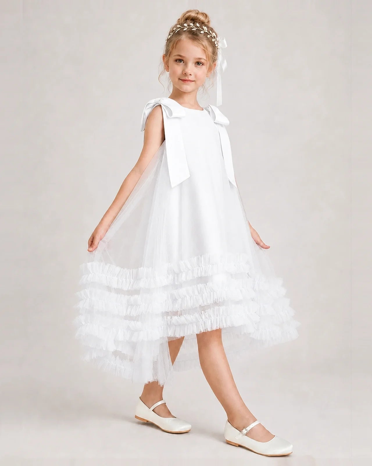 White Girls Formal Dresses Bow Shoulder Tiered Ruffle Tulle Asymmetrical Dress Side View