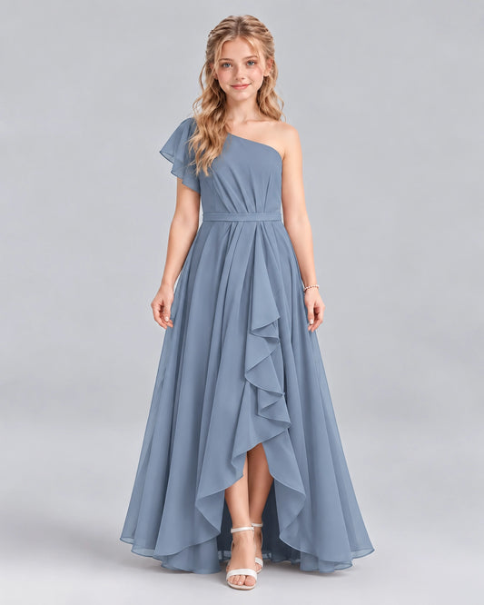 Dusty Blue A-line Junior Bridesmaid Dresses Front
