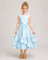 Baby Blue Satin A-line Girls Formal Dress Front View