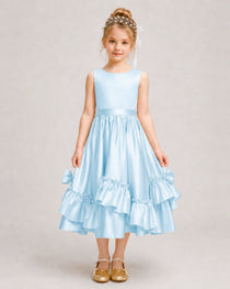 Baby Blue Flower Girl Dress Deep V-Back Satin Bow Ruffle Knee-Length Dress Front View