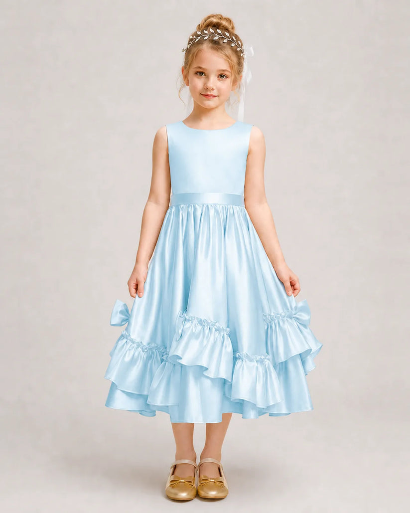 Baby Blue Satin A-line Girls Formal Dress Front View
