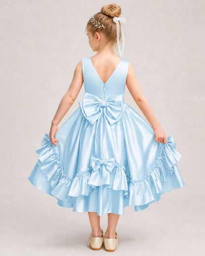 Baby Blue Flower Girl Dress Deep V-Back Satin Bow Ruffle Knee-Length Dress Back View
