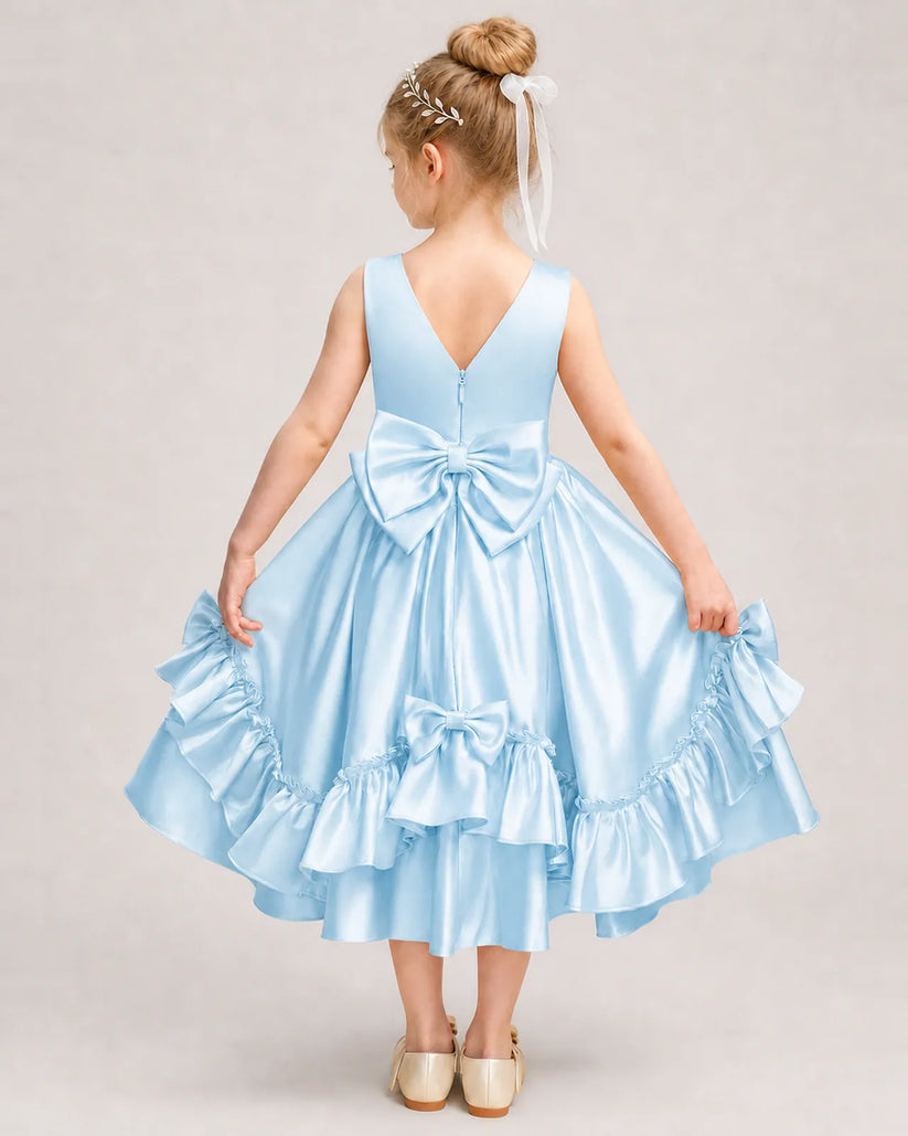 Baby Blue Satin A-line Girls Formal Dress Back View