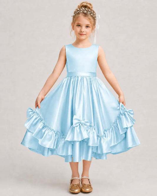 Baby Blue Satin A-line Girls Formal Dress Front View