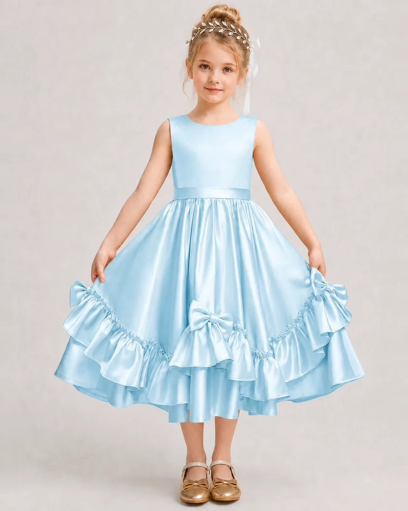 Baby Blue Satin A-line Girls Formal Dress Front View