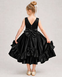 Black Flower Girl Dress Deep V-Back Satin Bow Ruffle Knee-Length Dress Back View