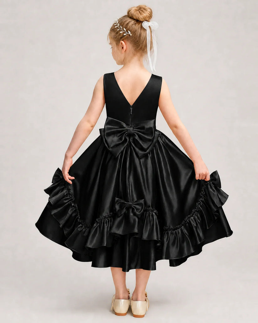 Black Satin A-line Girls Formal Dress Back View