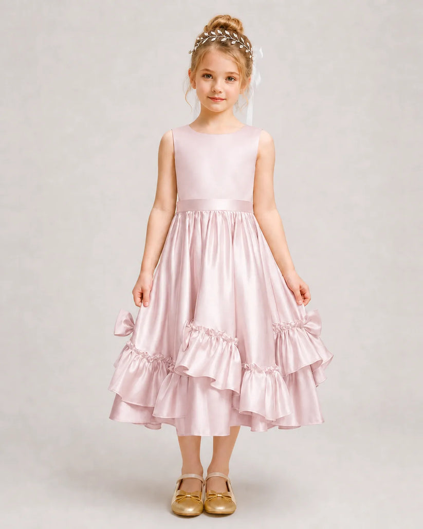 Blush Pink Satin A-line Girls Formal Dress Front View