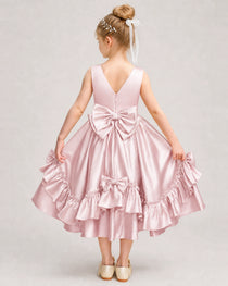 Blush Pink Flower Girl Dress Deep V-Back Satin Bow Ruffle Knee-Length Dress Back View