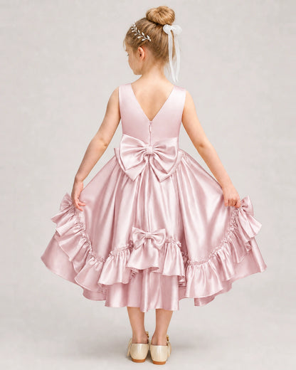 Blush Pink Flower Girl Dress Deep V-Back Satin Bow Ruffle Knee-Length Dress Back View