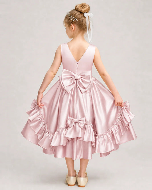 Blush Pink Satin A-line Girls Formal Dress Back View